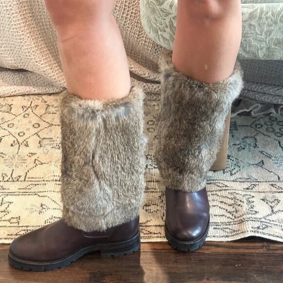 Frye Vintage Natalie Rabbit Fur Cuffed Burgundy Leather Boots 7.5 - Picture 12 of 12